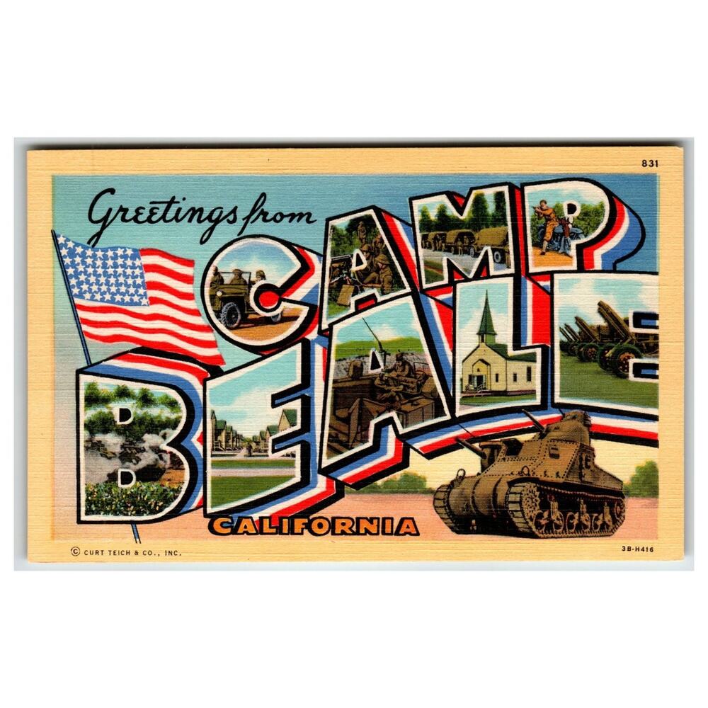 WWII Era Greetings from Camp Beale California Linen Postcard Curt Teich